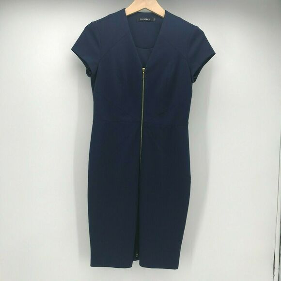 Ellen Tracy Dresses & Skirts - Ellen Tracy Dress Womens 2 Navy Front Zip Cap Sleeve Sheath Bodycon Stretch